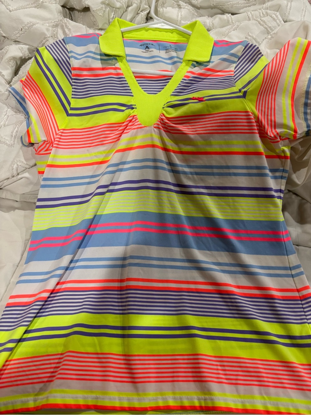 Antigua Neon Yellow Multicolor Striped V-Neck Polo Tee